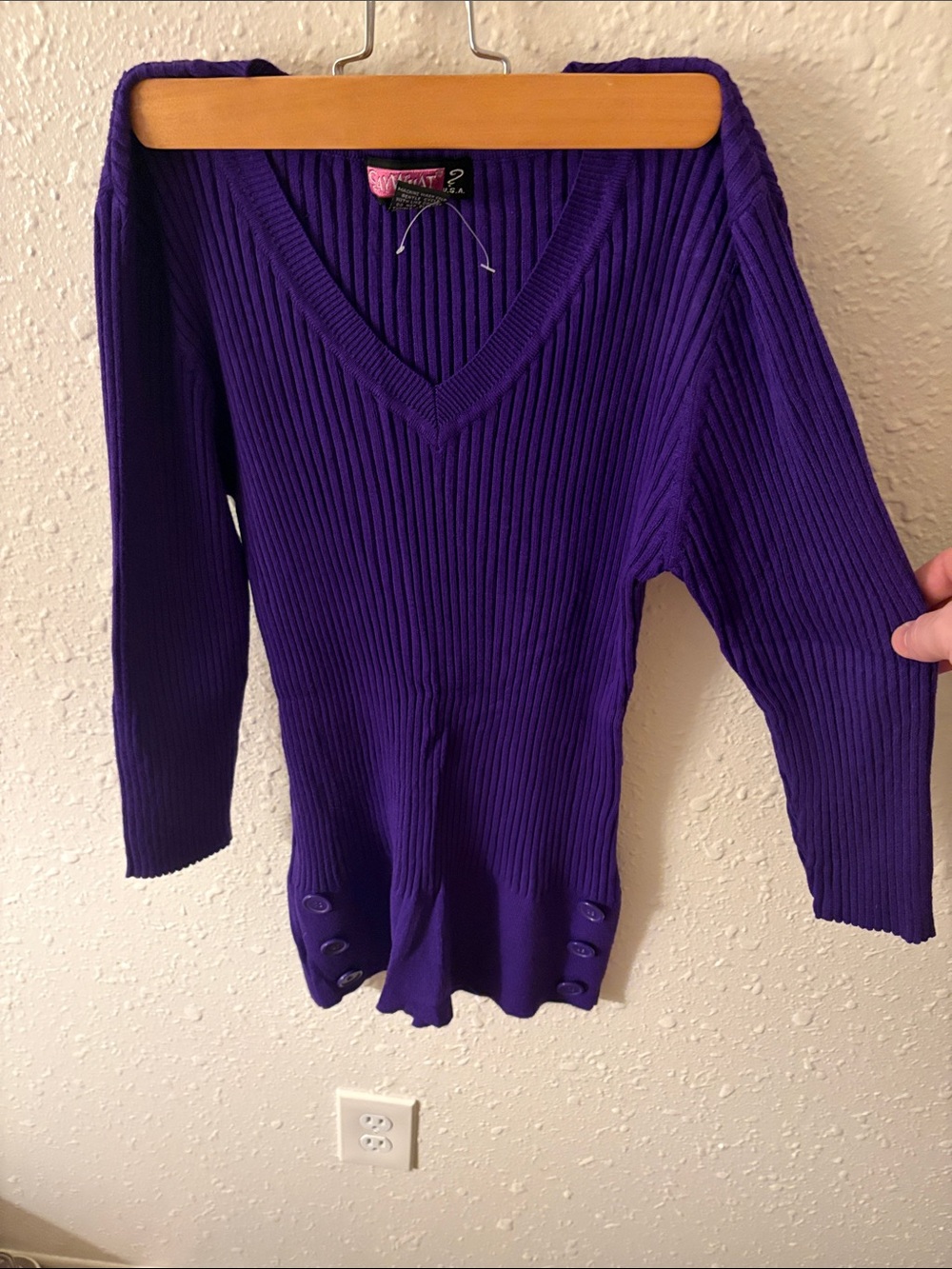 Say What? Deep Purple Ribbed V-Neck Sweater with Button Details